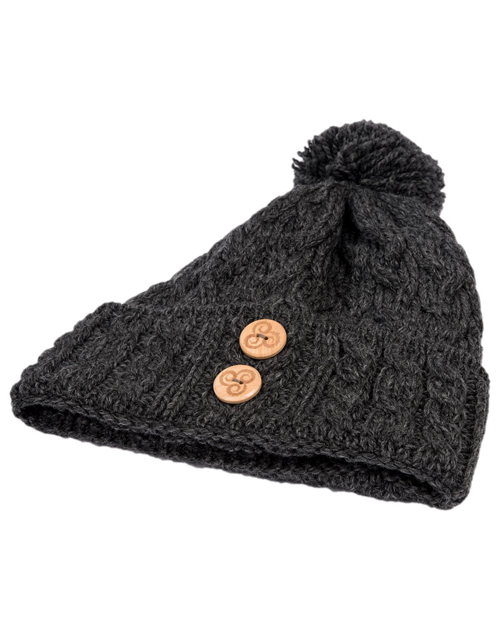 Grey Coloured Aran Chunky Knit Button Bobble Hat on white background