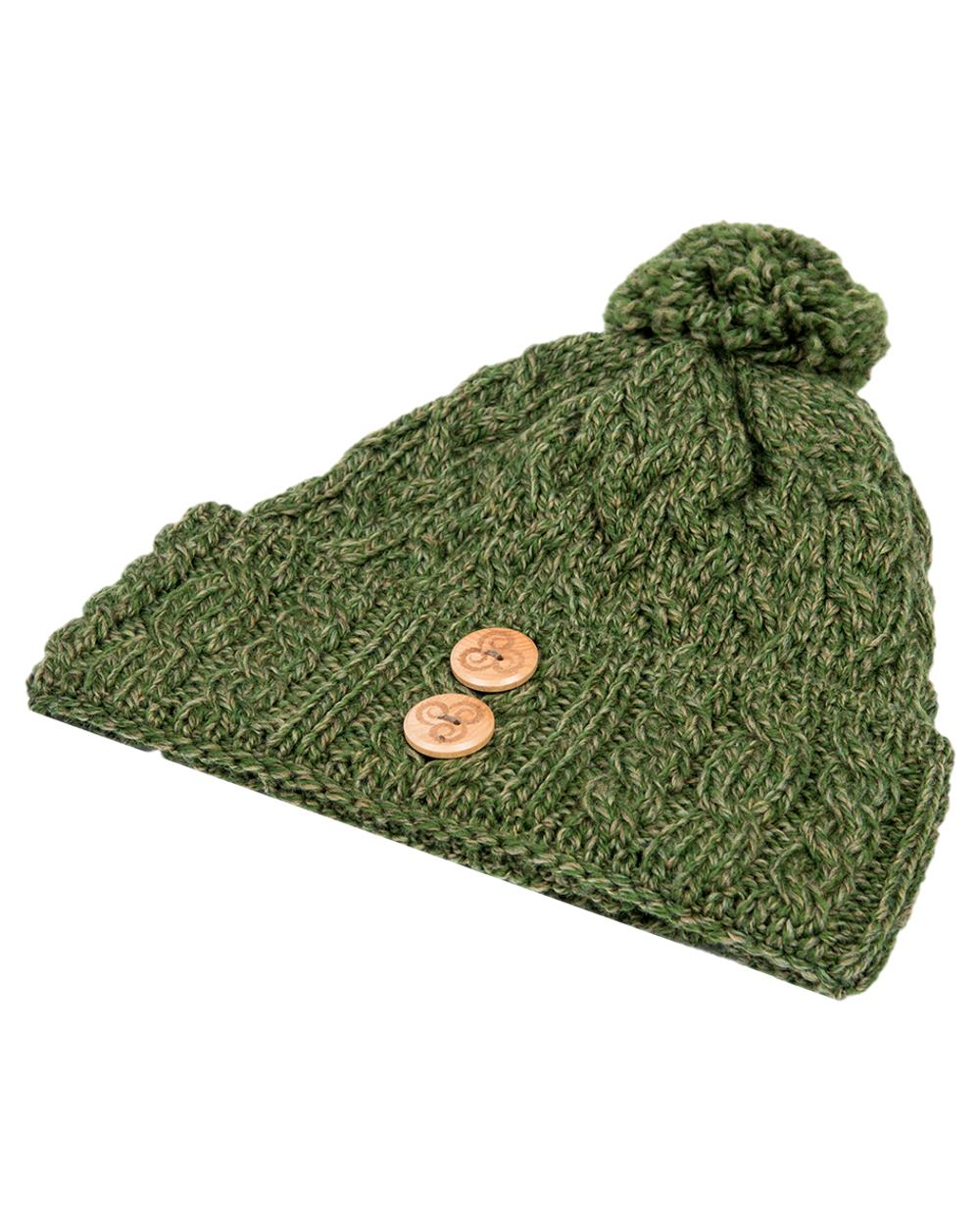 Sage Green Coloured Aran Chunky Knit Button Bobble Hat on white background