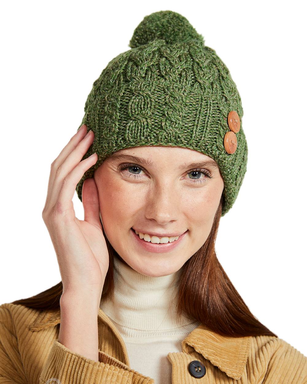 Sage Green Coloured Aran Chunky Knit Button Bobble Hat on white background