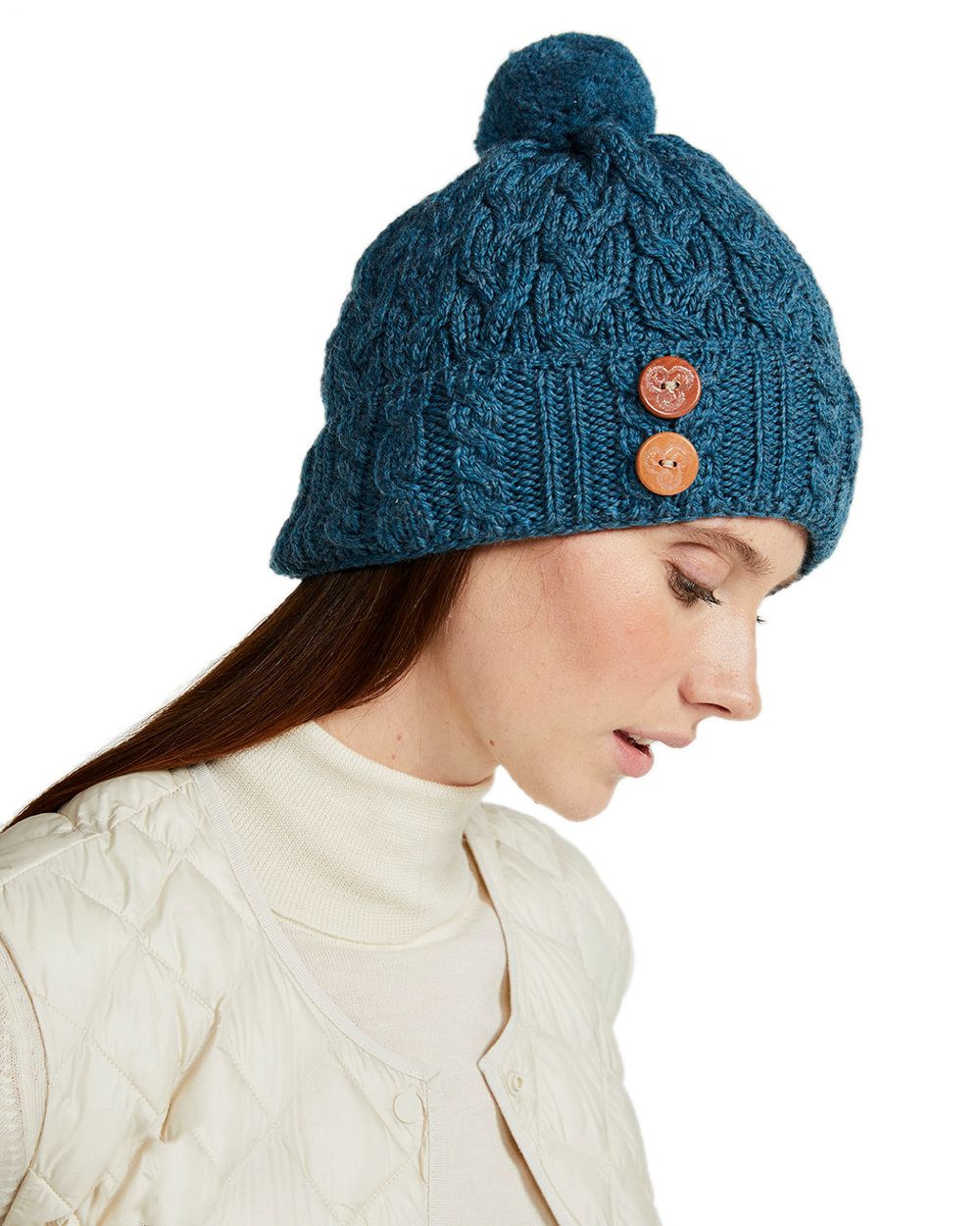 Teal Coloured Aran Chunky Knit Button Bobble Hat on white background