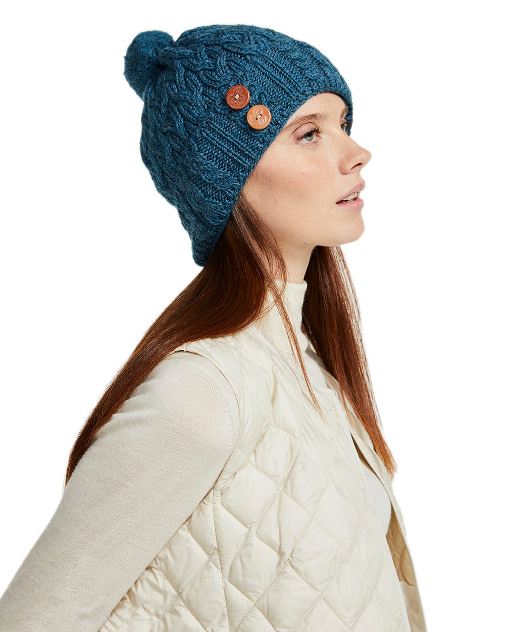 Teal Coloured Aran Chunky Knit Button Bobble Hat on white background