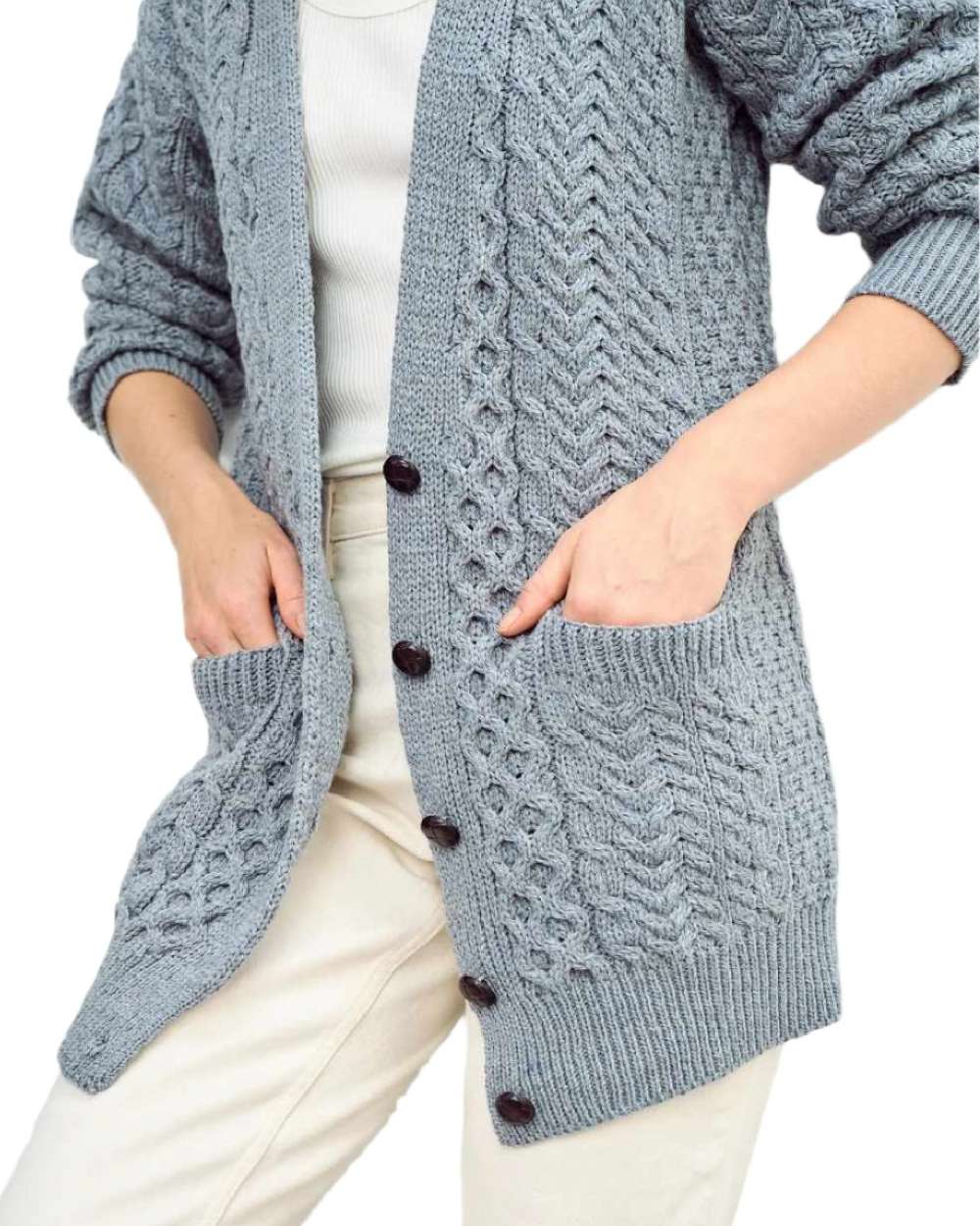 Blue Grey Coloured Aran Delphi Boyfriend Cardigan on white background