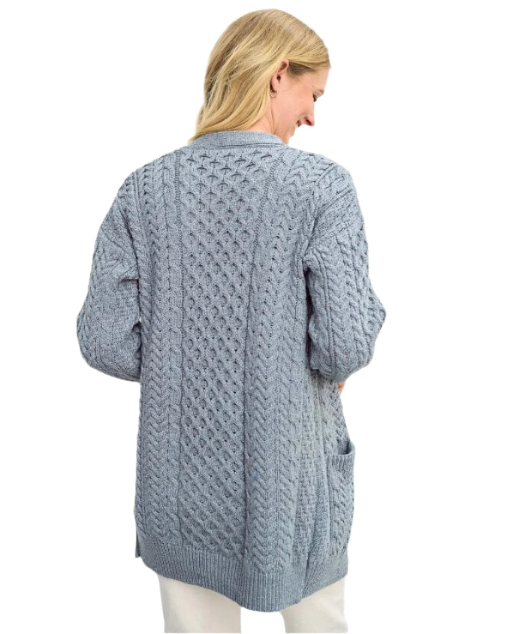 Blue Grey Coloured Aran Delphi Boyfriend Cardigan on white background