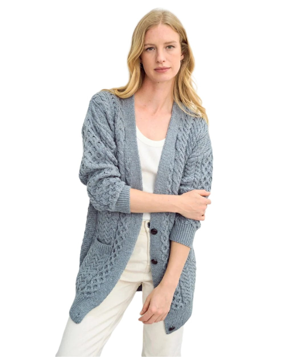 Blue Grey Coloured Aran Delphi Boyfriend Cardigan on white background