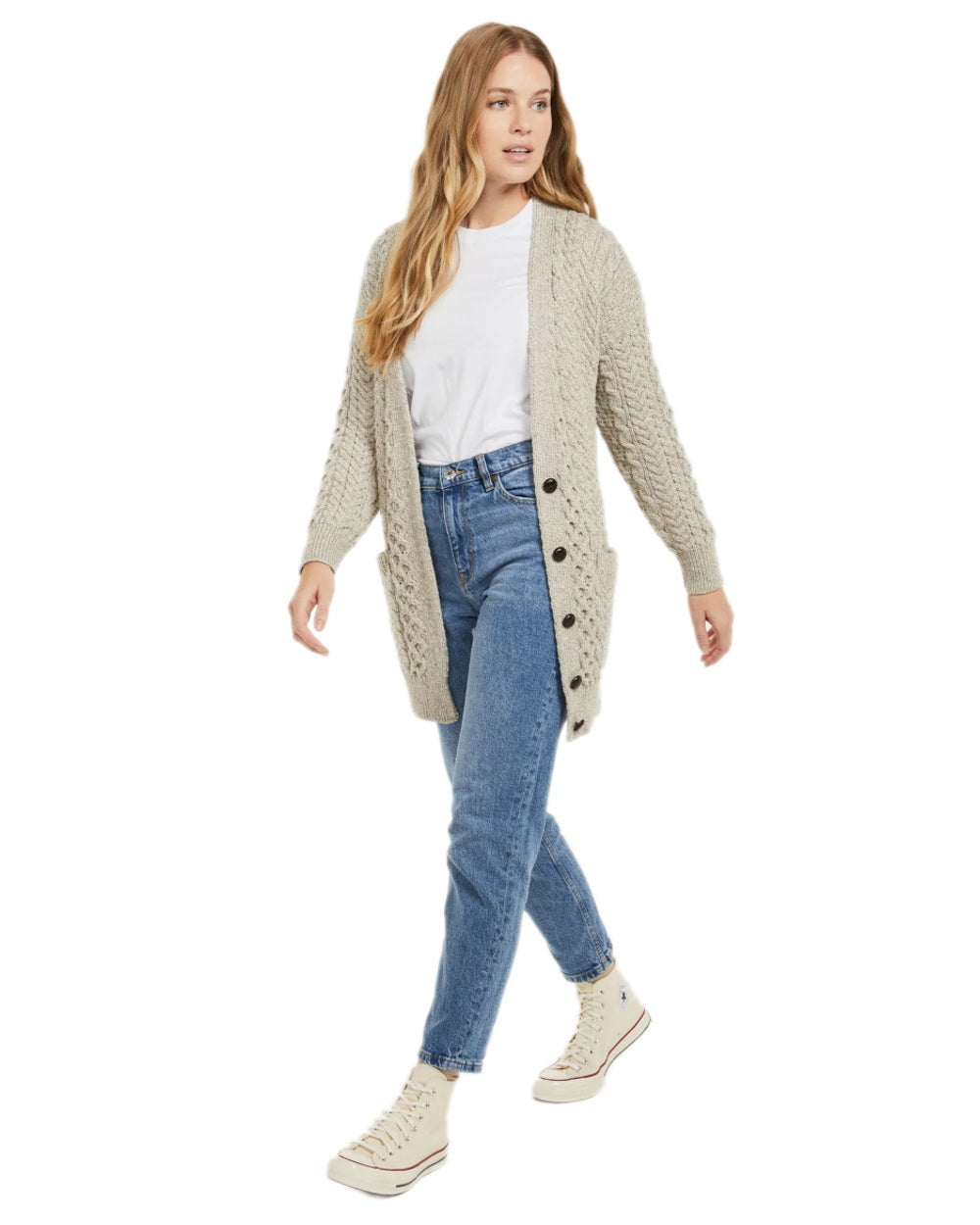 Oat Coloured Aran Delphi Boyfriend Cardigan on white background