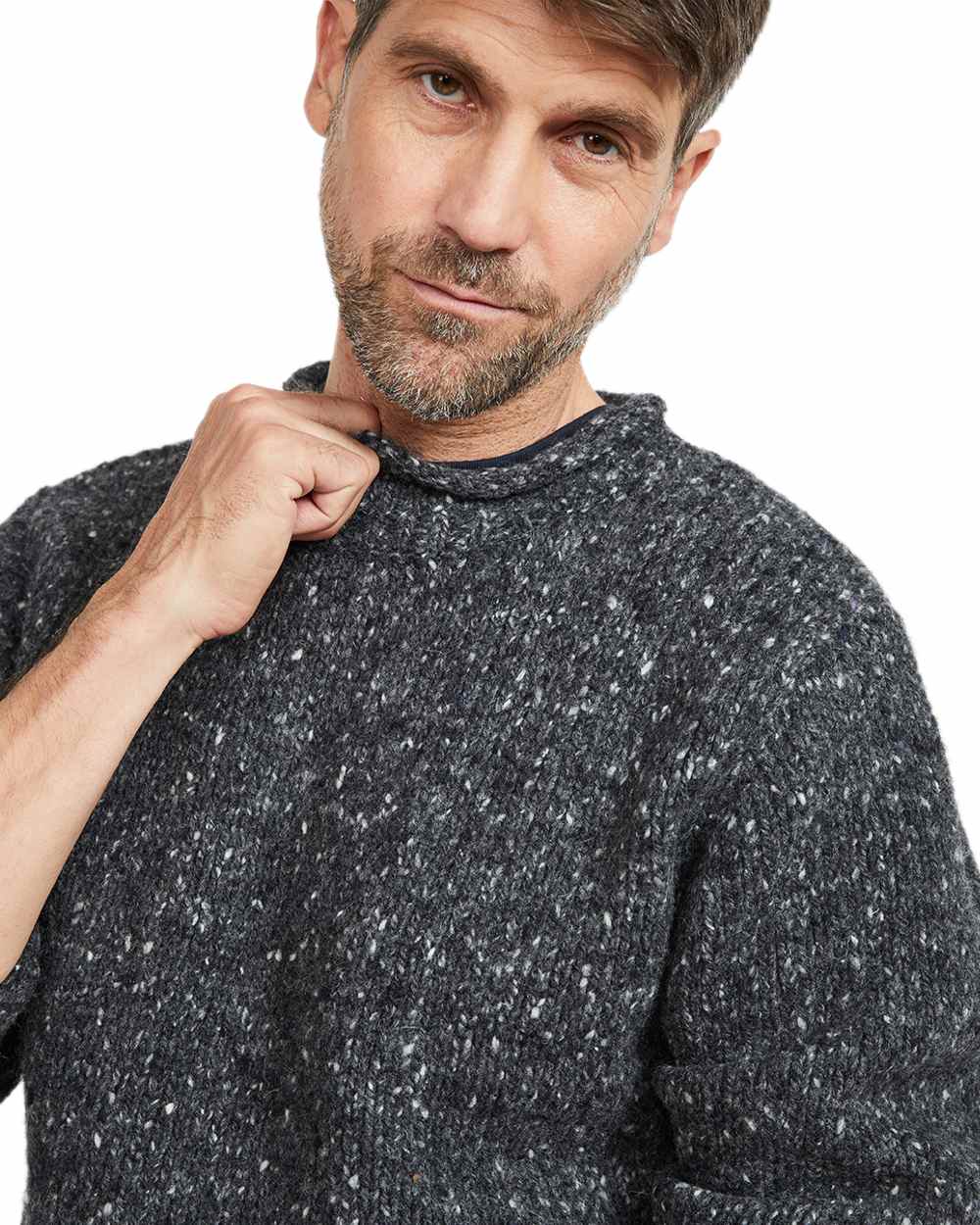 Charcoal Coloured Aran Donegal Wool Crew Neck Sweater on white background