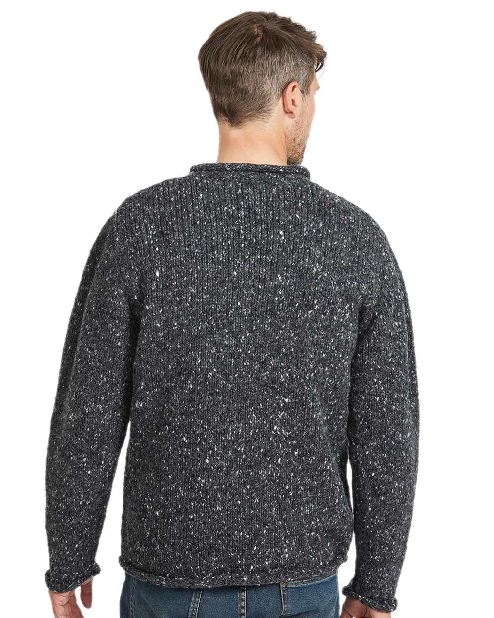 Charcoal Coloured Aran Donegal Wool Crew Neck Sweater on white background