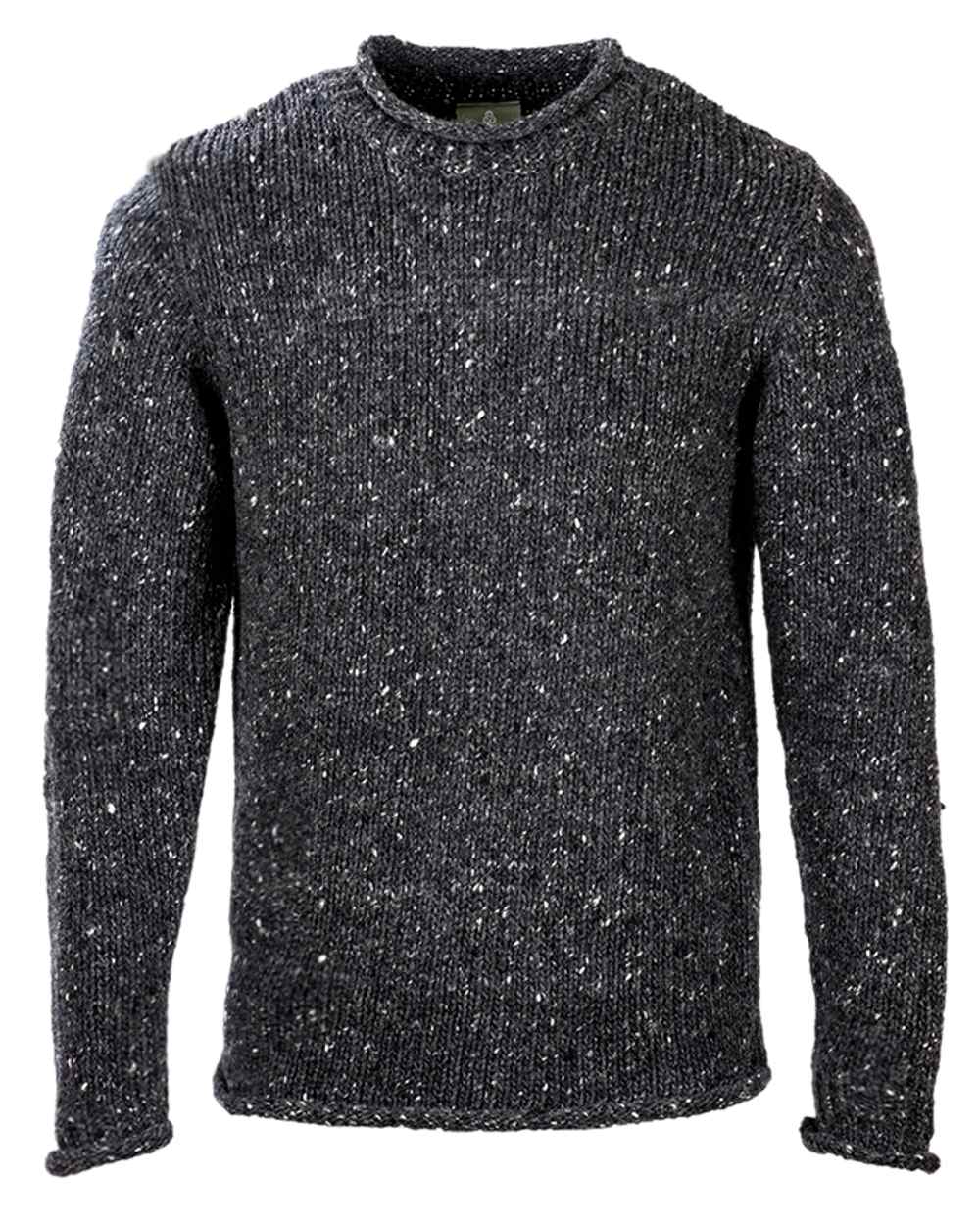 Charcoal Coloured Aran Donegal Wool Crew Neck Sweater on white background