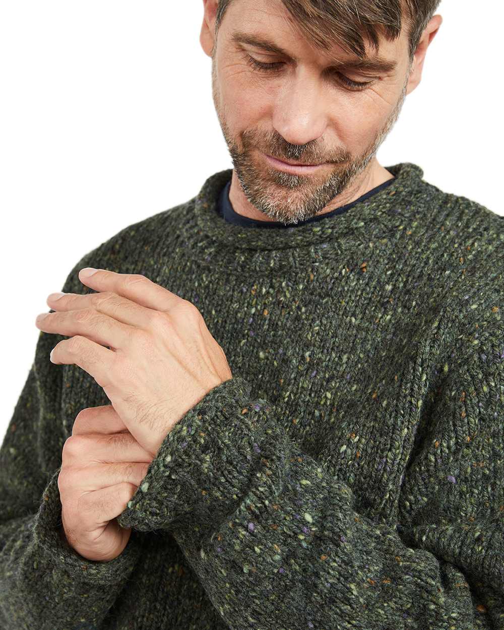 Green Coloured Aran Donegal Wool Crew Neck Sweater on white background