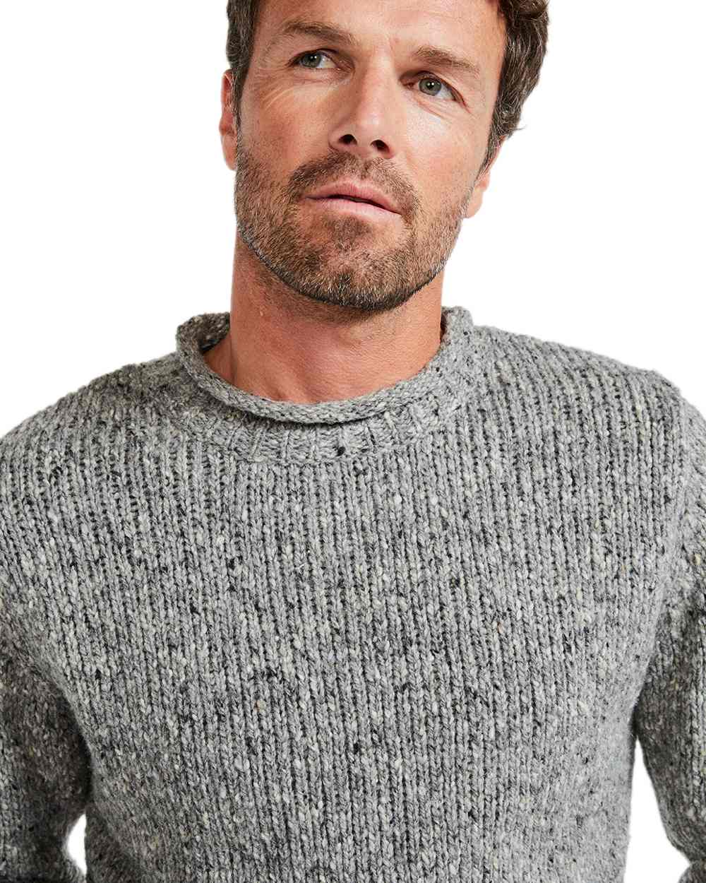 Silver Coloured Aran Donegal Wool Crew Neck Sweater on white background