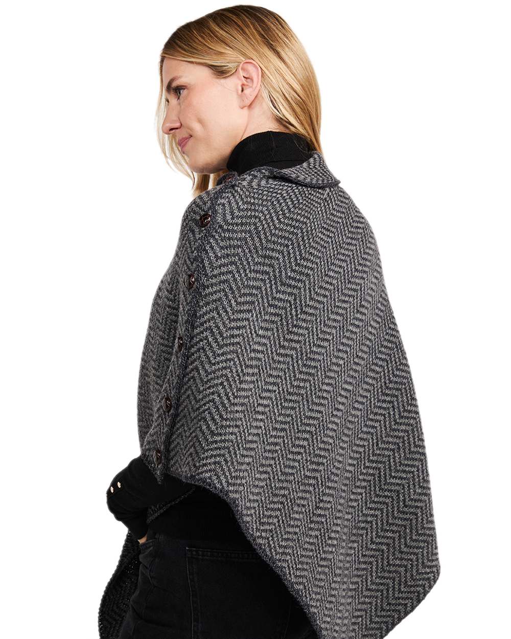 Charcoal Coloured Aran Herringbone Poncho with Buttons on white background
