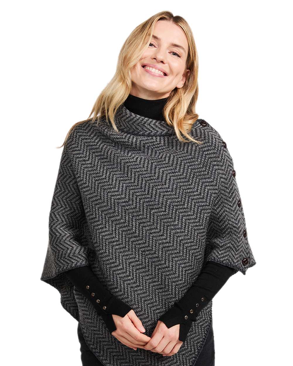 Charcoal Coloured Aran Herringbone Poncho with Buttons on white background