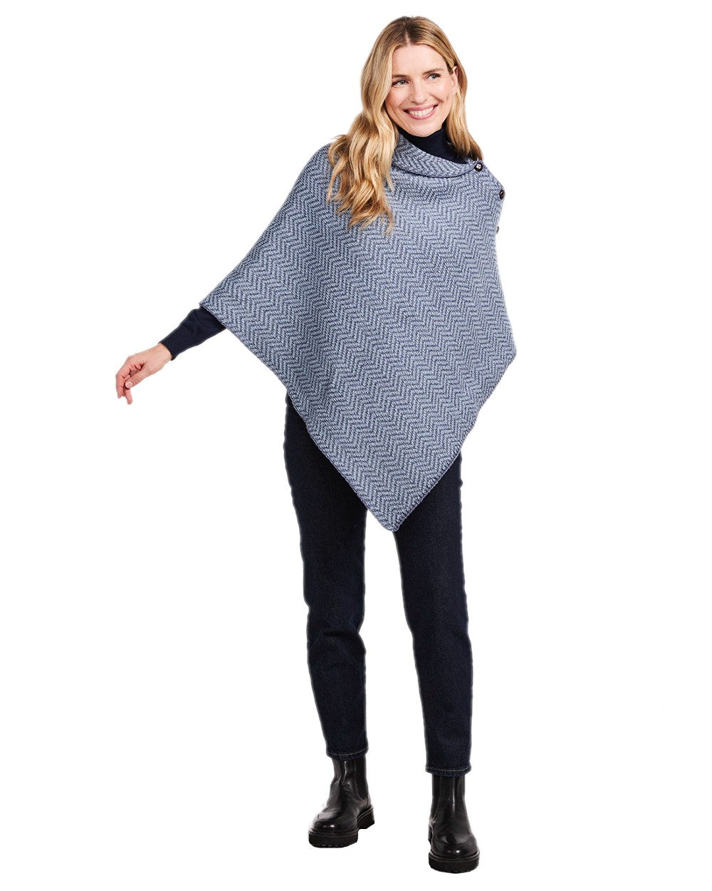 Denim Coloured Aran Herringbone Poncho with Buttons on white background