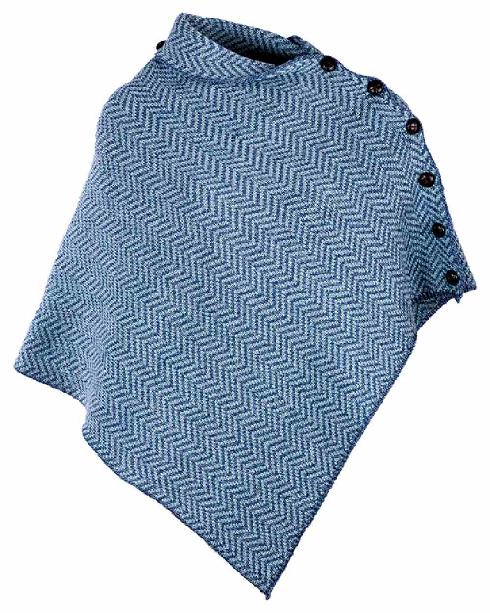 Denim Coloured Aran Herringbone Poncho with Buttons on white background