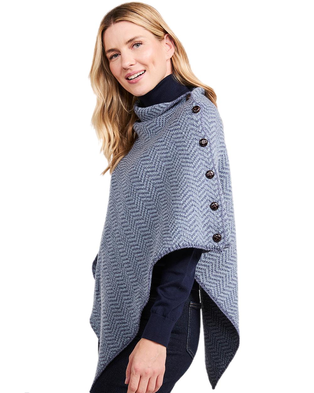 Denim Coloured Aran Herringbone Poncho with Buttons on white background