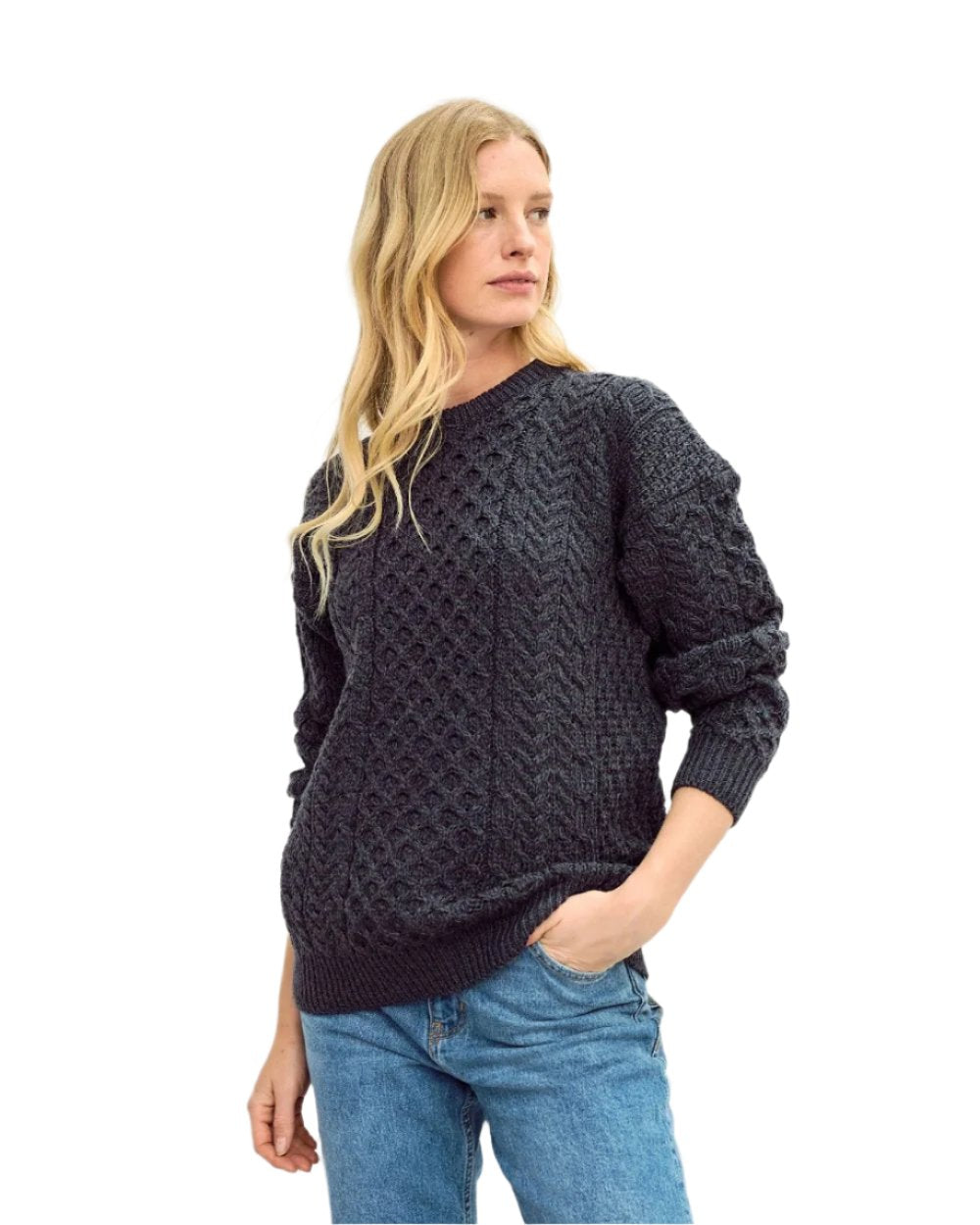 Charcoal Coloured Aran Inisheer Traditional Sweater on white background