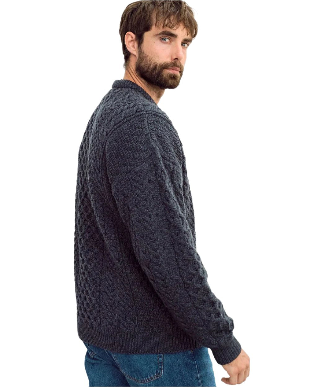 Charcoal Coloured Aran Inisheer Traditional Sweater on white background