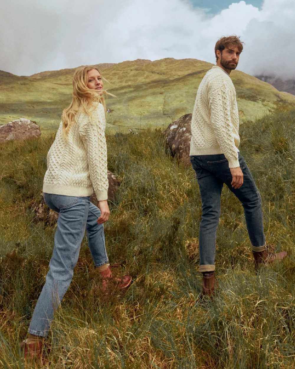 Cream Coloured Aran Inisheer Traditional Sweater on mountain background