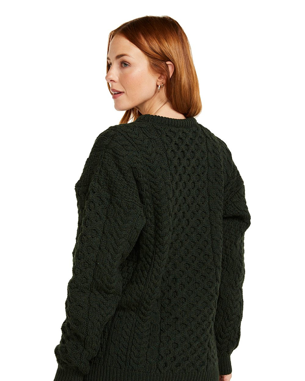 Forest Green Coloured Aran Inisheer Traditional Sweater on white background