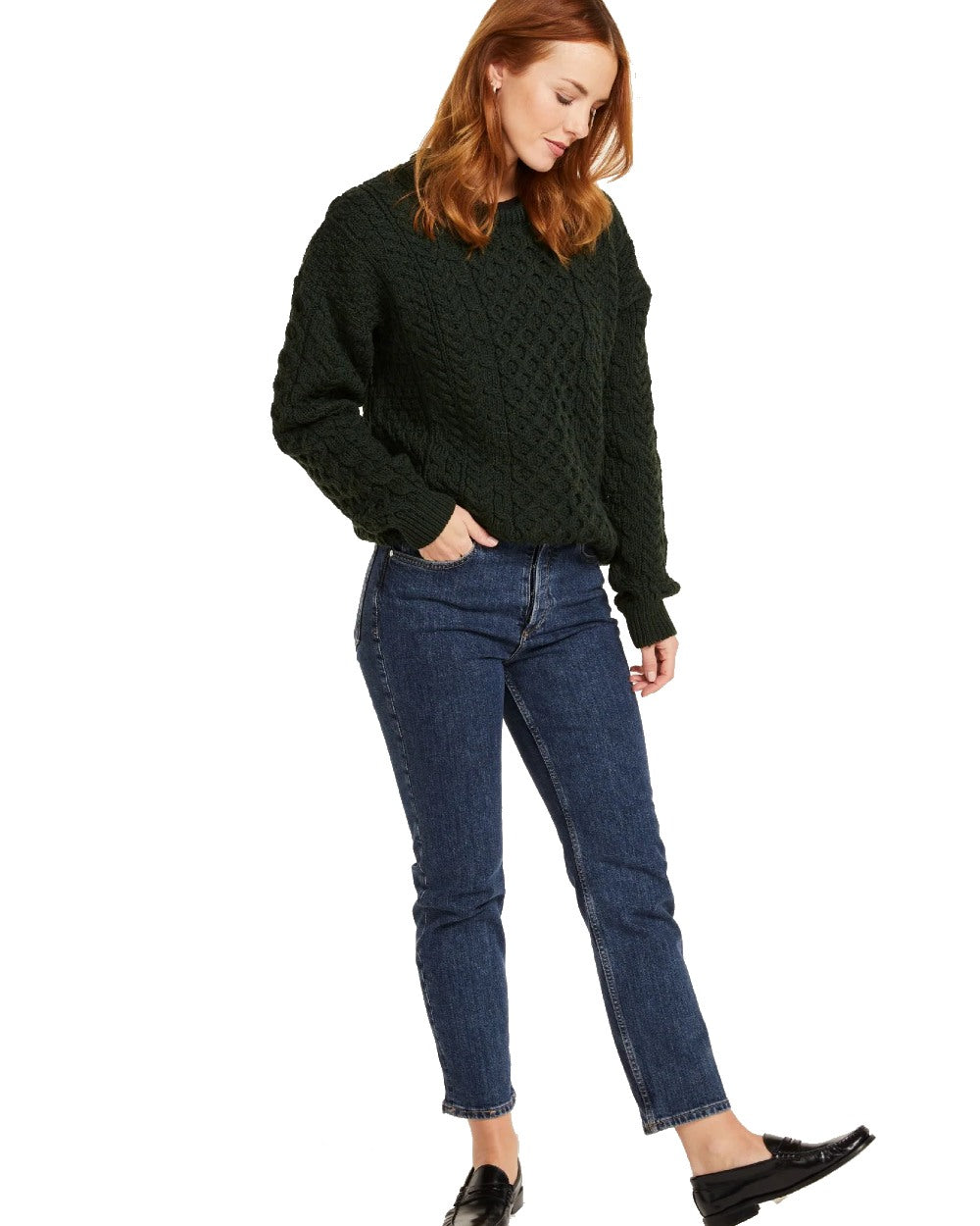 Forest Green Coloured Aran Inisheer Traditional Sweater on white background