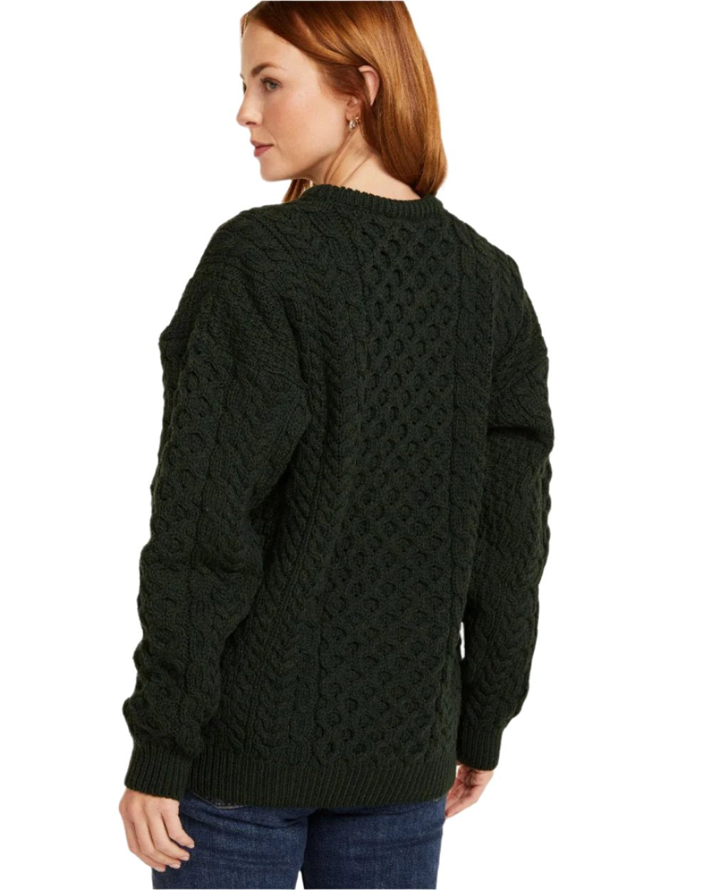 Forest Green Coloured Aran Inisheer Traditional Sweater on white background