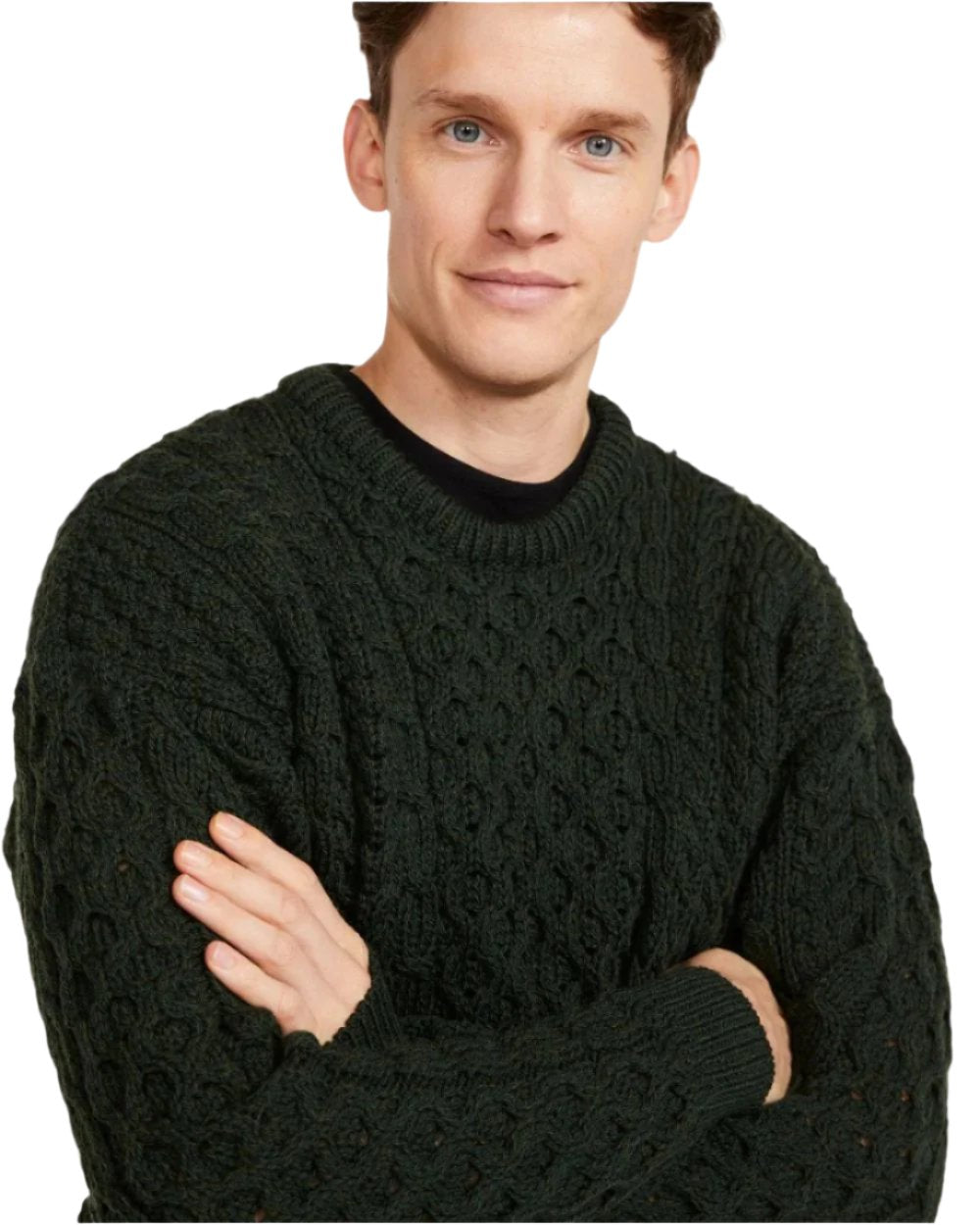 Forest Green Coloured Aran Inisheer Traditional Sweater on white background