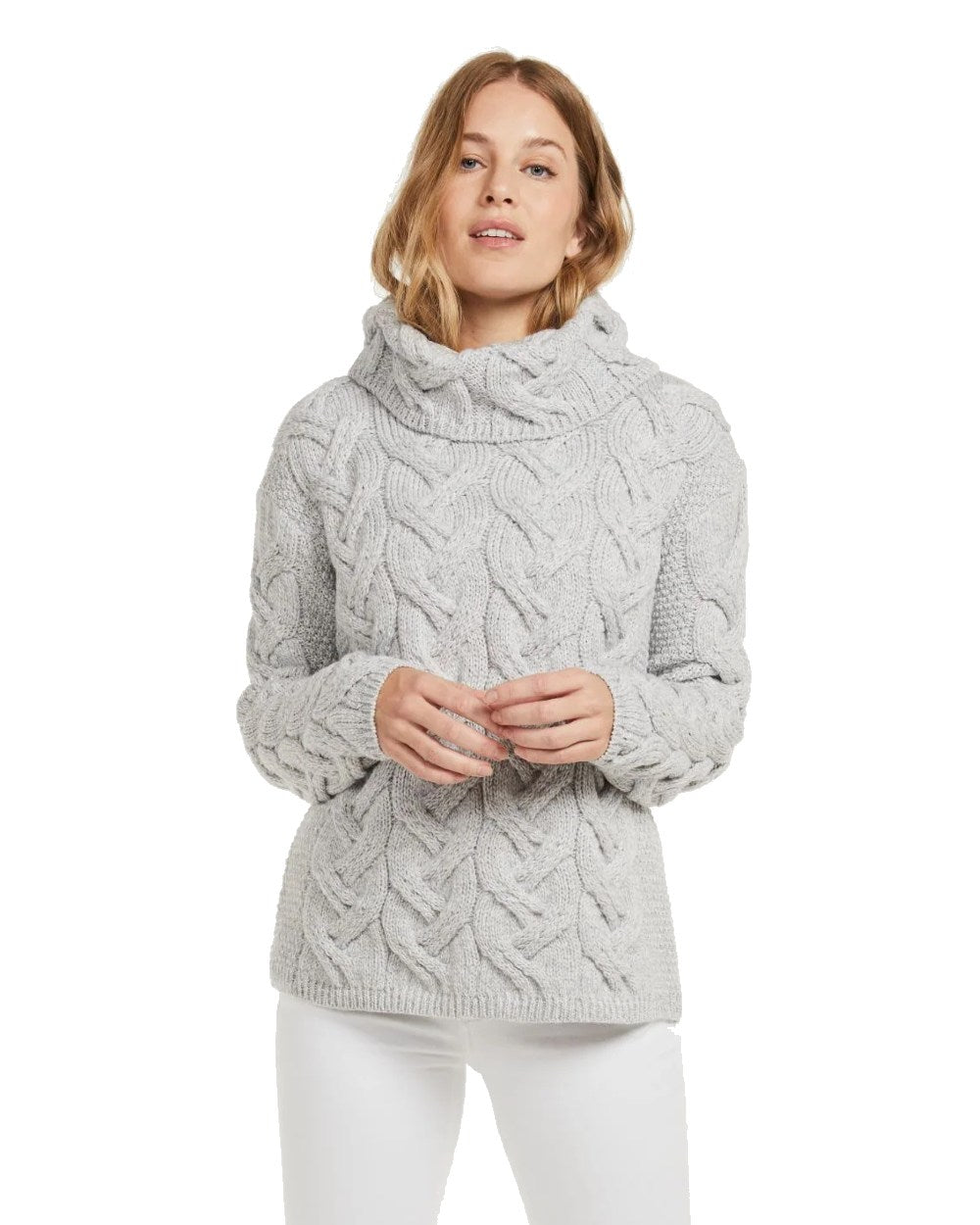 Feathered Grey Coloured Aran Kinsale Womens Cable Sweater on white background