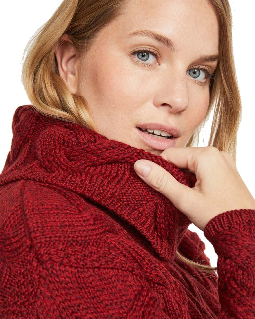 Red Coloured Aran Kinsale Womens Cable Sweater on white background
