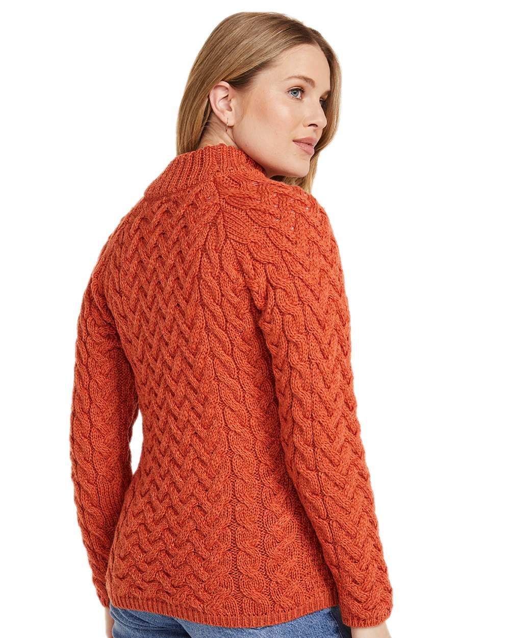 Autumn Leaf Coloured Aran Knightstown Womens Crew Neck Sweater on white background
