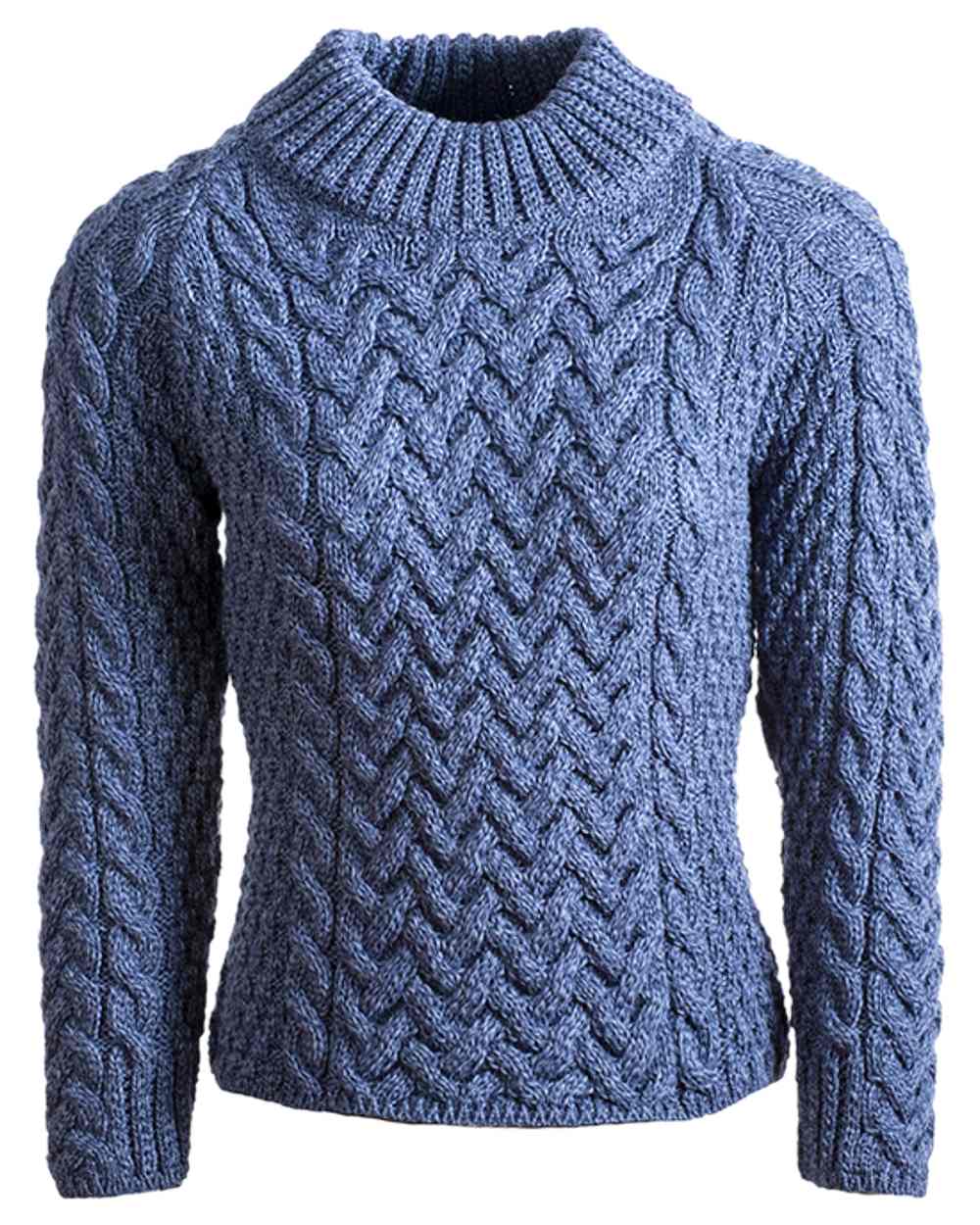Denim Coloured Aran Knightstown Womens Crew Neck Sweater on white background