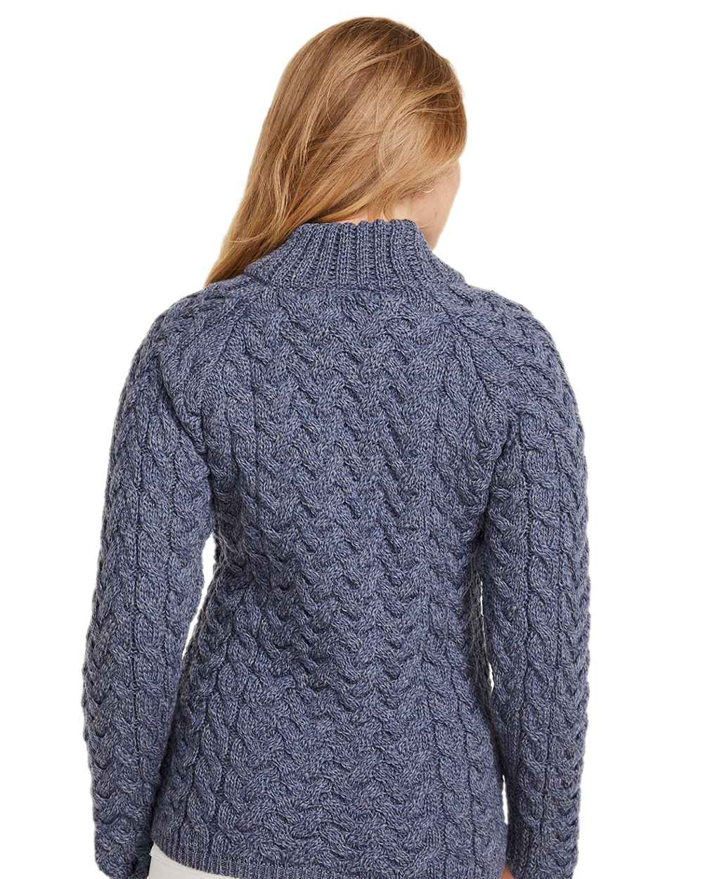 Denim Coloured Aran Knightstown Womens Crew Neck Sweater on white background