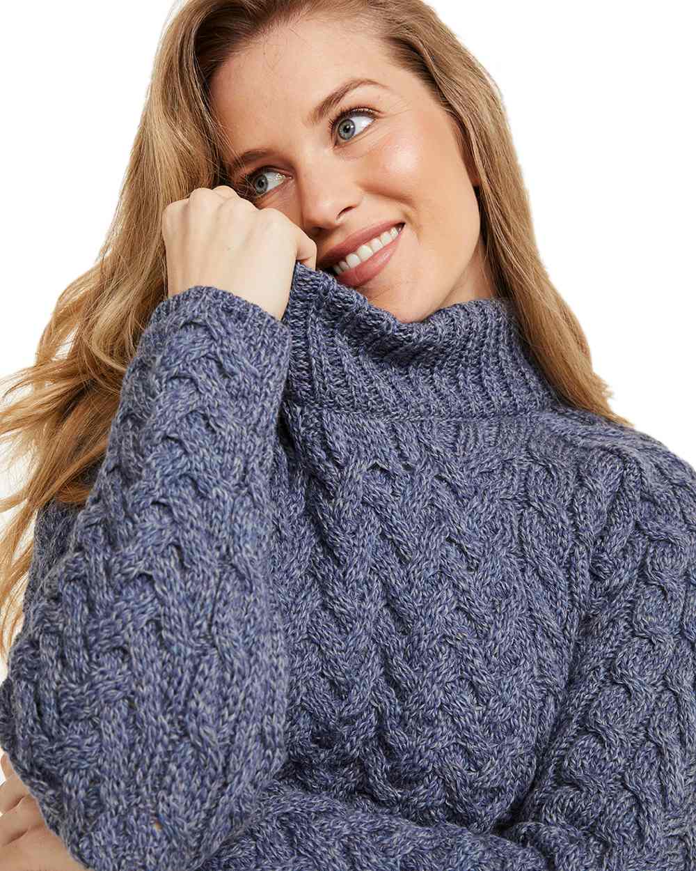 Denim Coloured Aran Knightstown Womens Crew Neck Sweater on white background