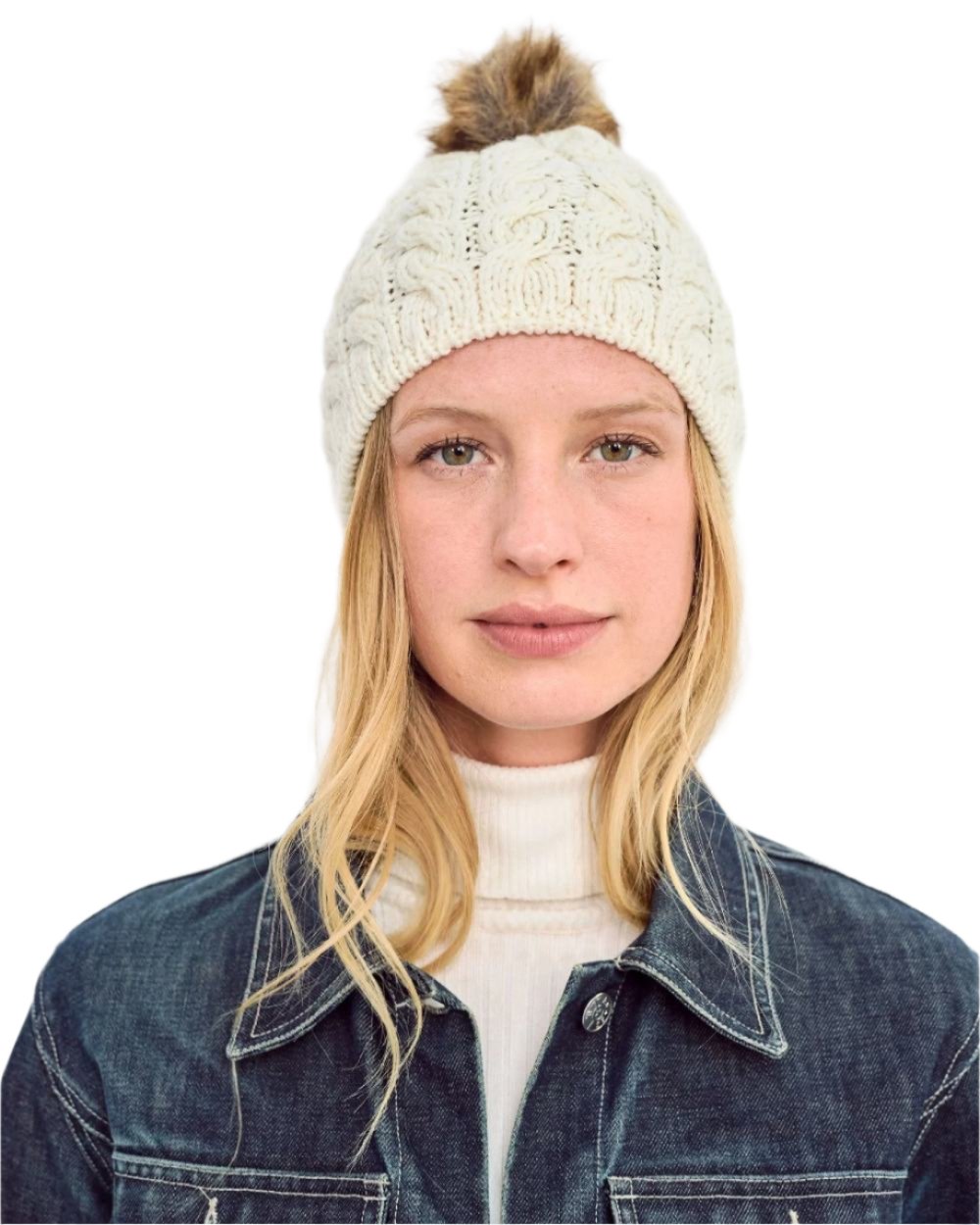 Cream Coloured Aran Knitted Faux Fur Bobble Hat on white background