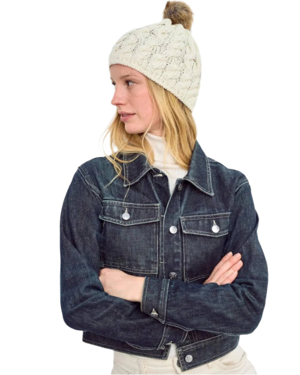 Cream Coloured Aran Knitted Faux Fur Bobble Hat on white background