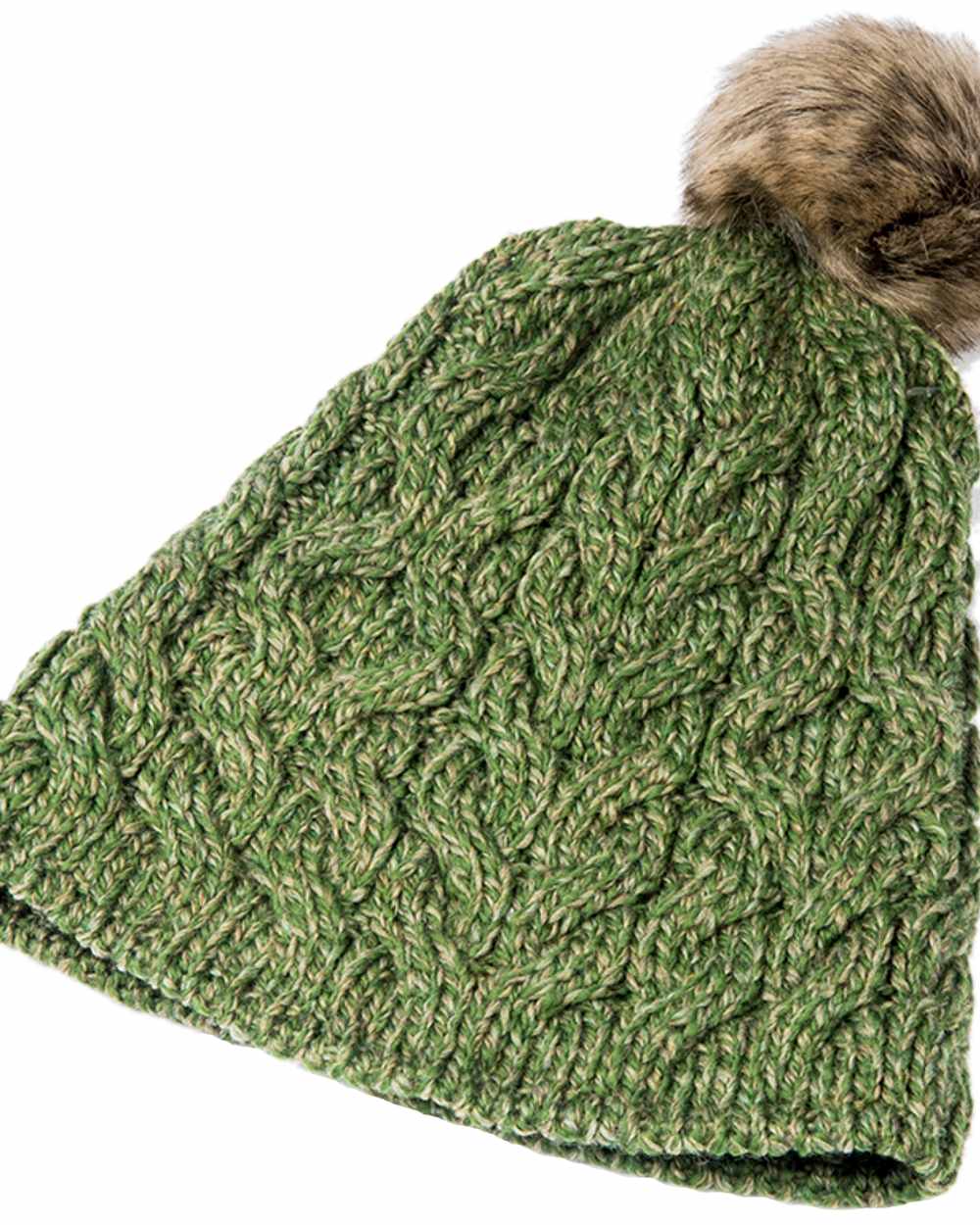 Sage Green Coloured Aran Knitted Faux Fur Bobble Hat on white background