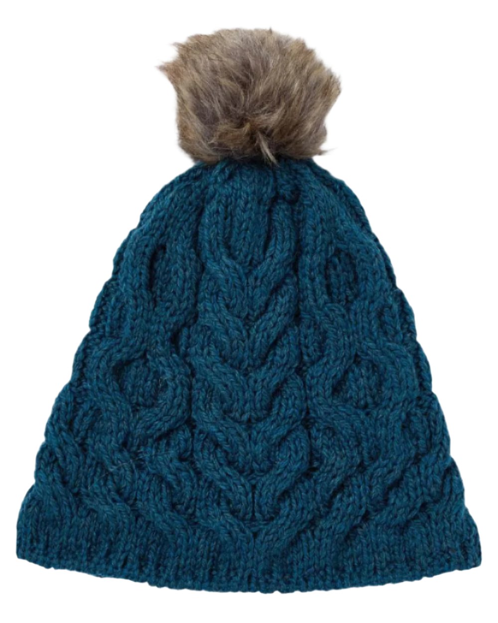 Teal Coloured Aran Knitted Faux Fur Bobble Hat on white background