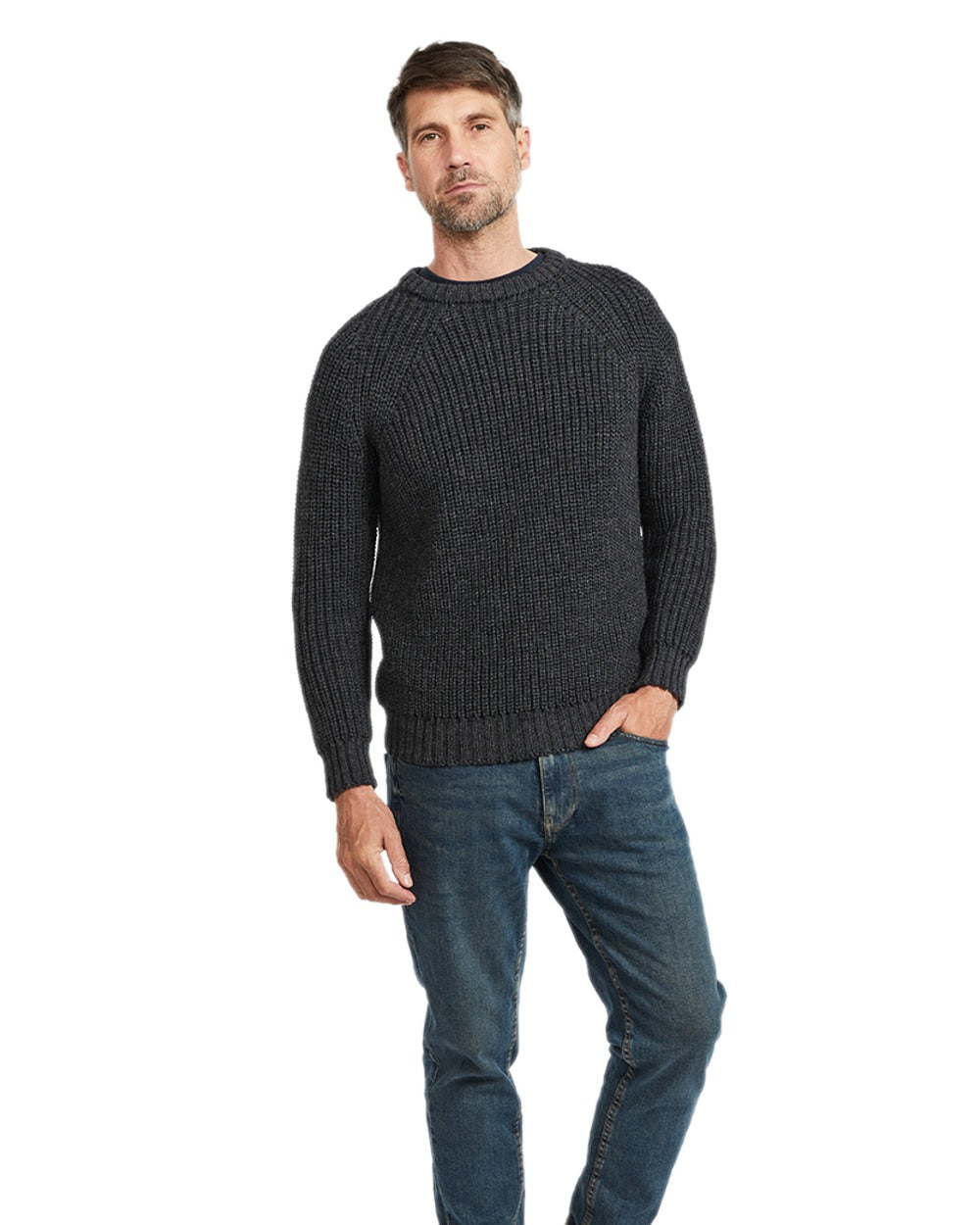 Charcoal Coloured Aran Mens Fisherman Raglan Crew Sweater on white background