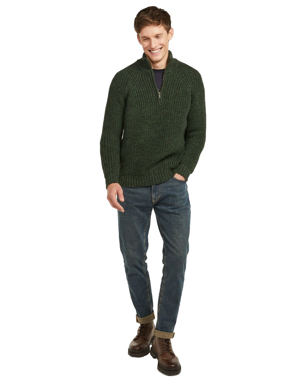 Green coloured Aran Mens Fisherman Raglan Zip Sweater on white background