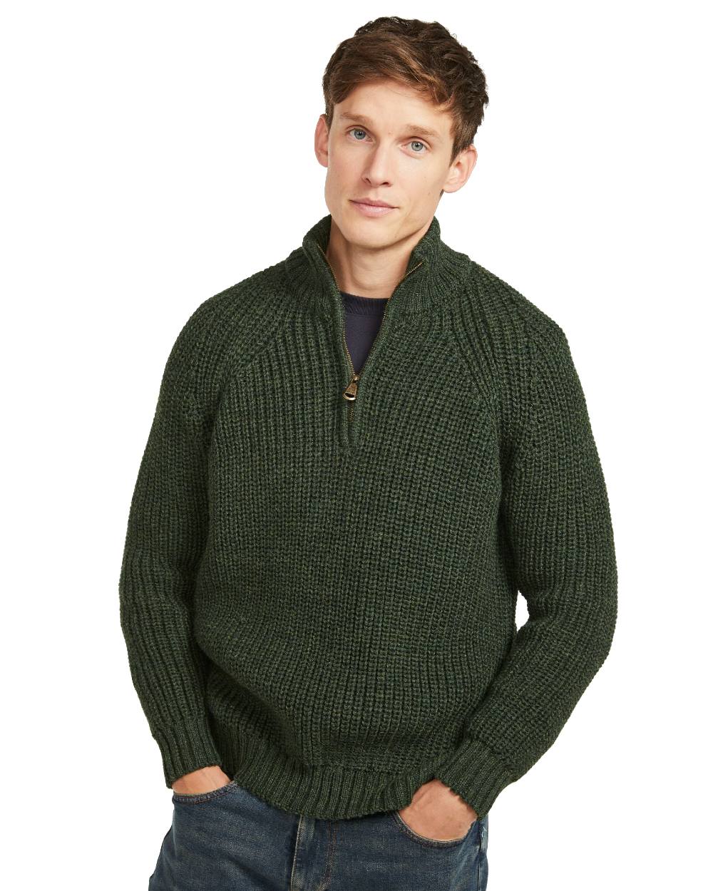 Green coloured Aran Mens Fisherman Raglan Zip Sweater on white background