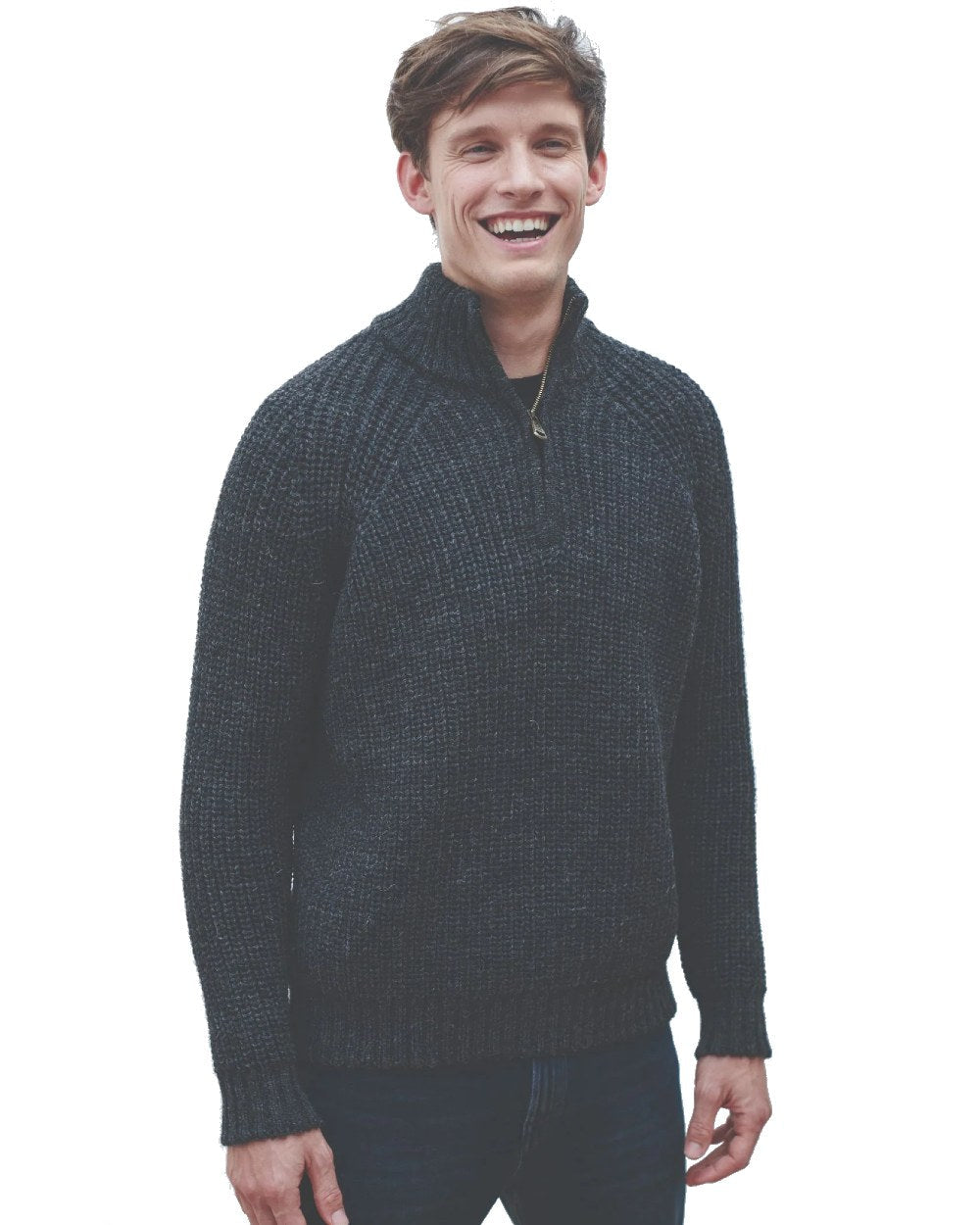 Grey coloured Aran Mens Fisherman Raglan Zip Sweater on white background