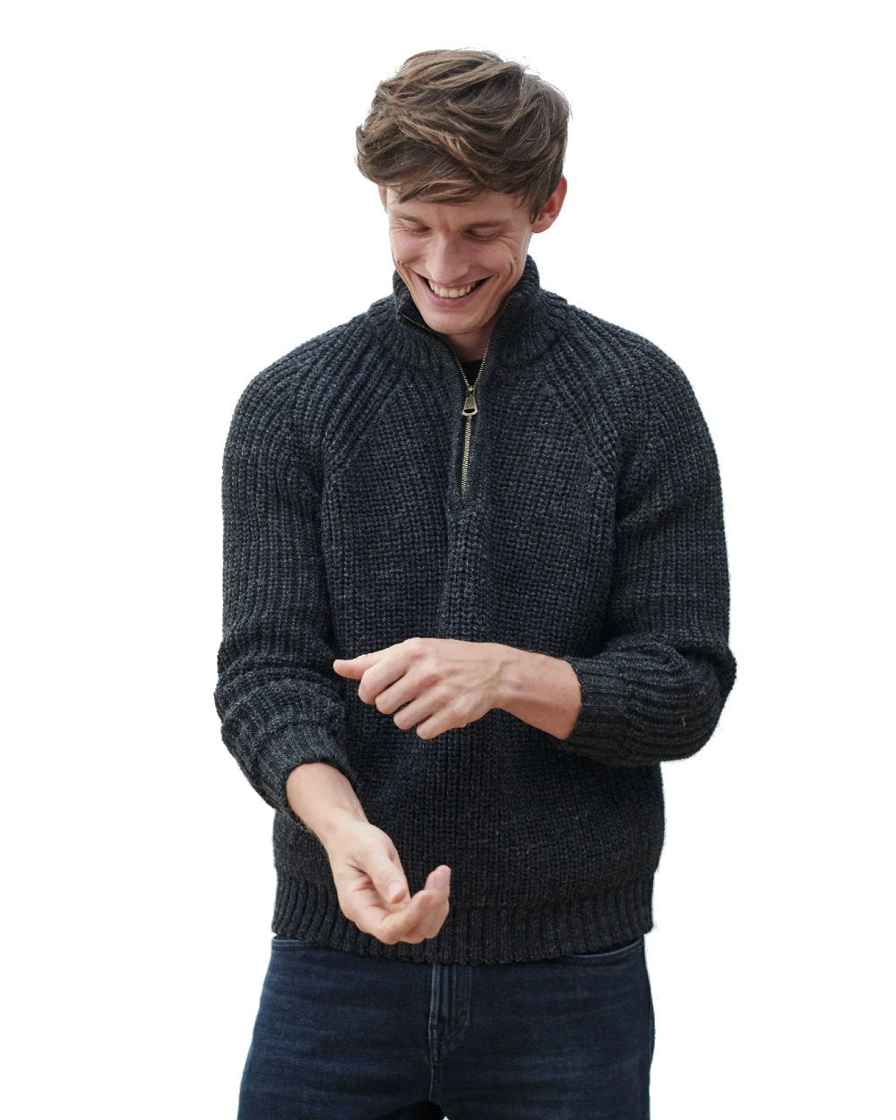 Grey coloured Aran Mens Fisherman Raglan Zip Sweater on white background