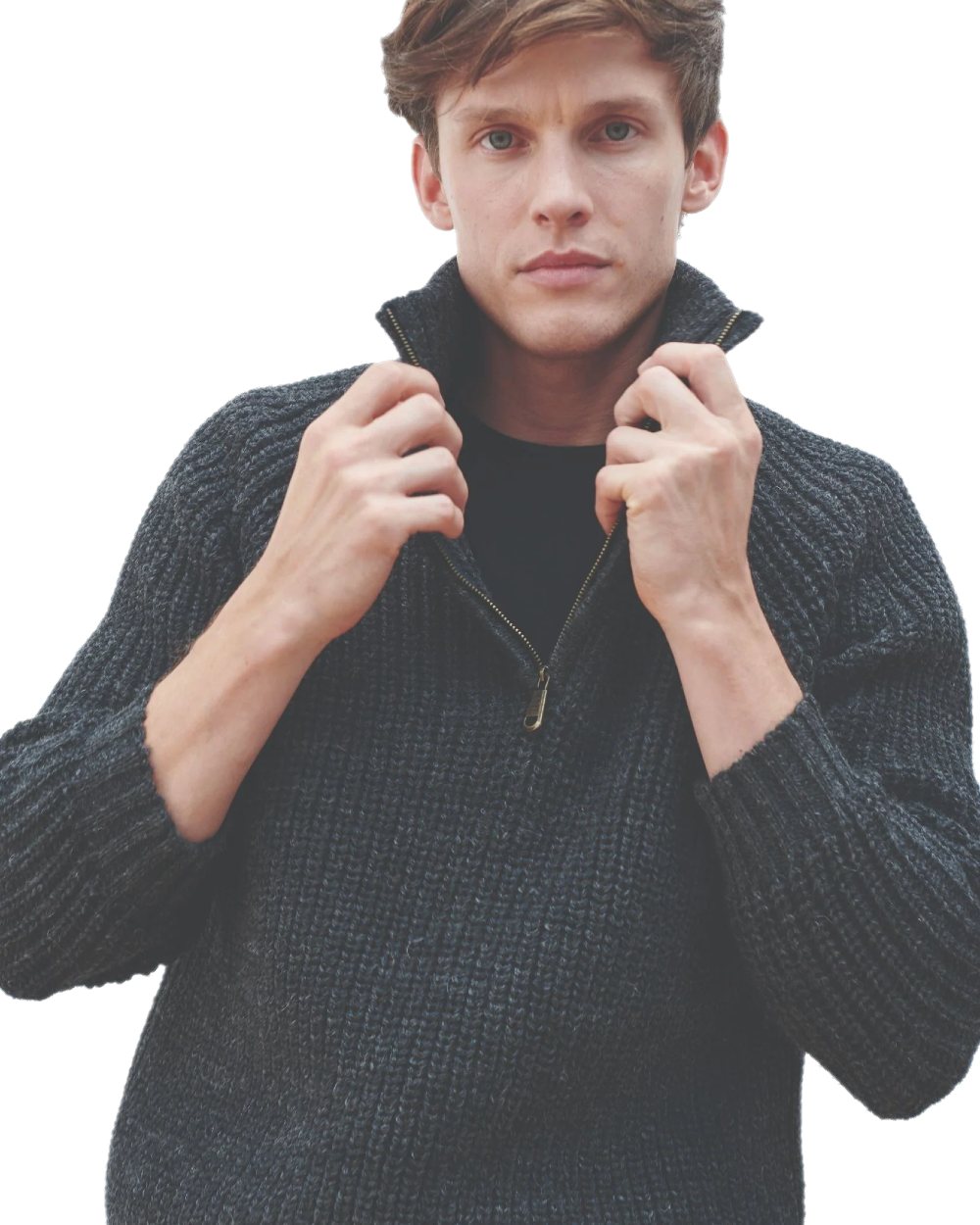 Grey coloured Aran Mens Fisherman Raglan Zip Sweater on white background