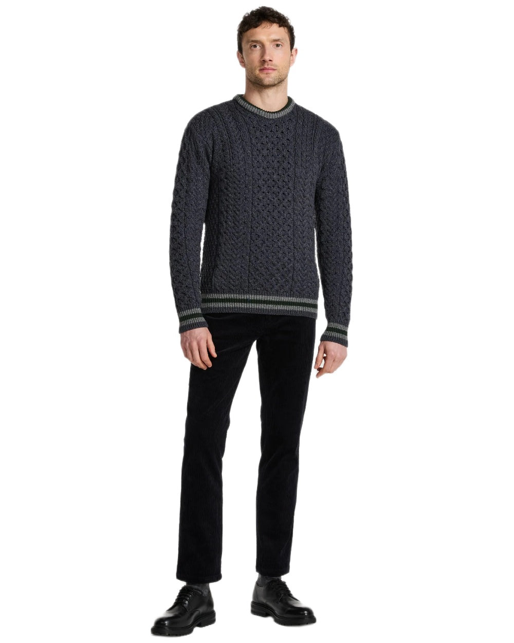 Dark Grey Coloured Aran Mens Inishbeg Stripe Crewneck Merino Sweater on white background