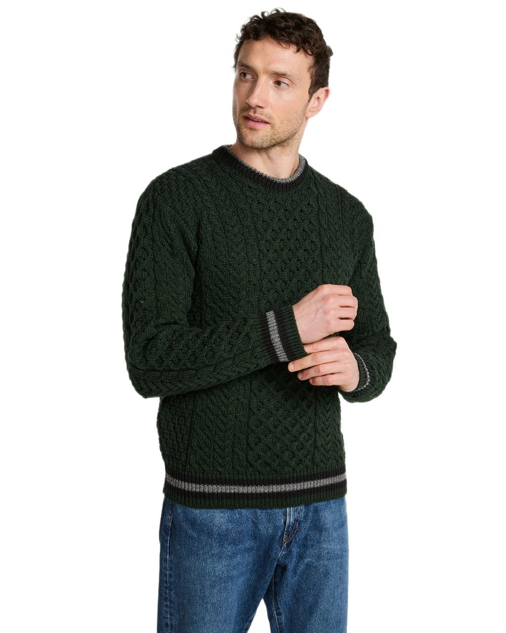 Green Coloured Aran Mens Inishbeg Stripe Crewneck Merino Sweater on white background