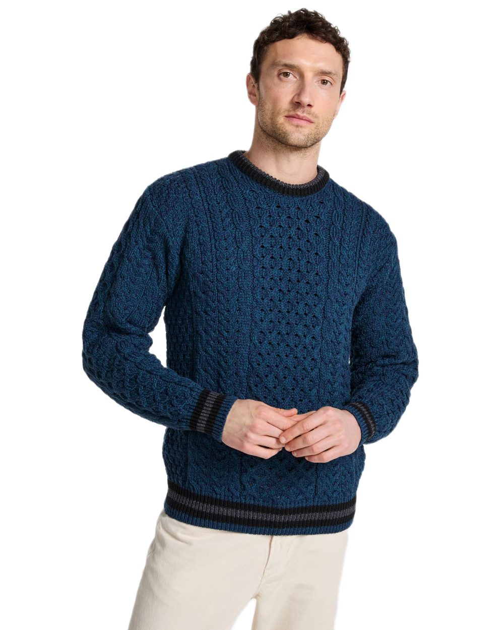 Teal Coloured Aran Mens Inishbeg Stripe Crewneck Merino Sweater on white background