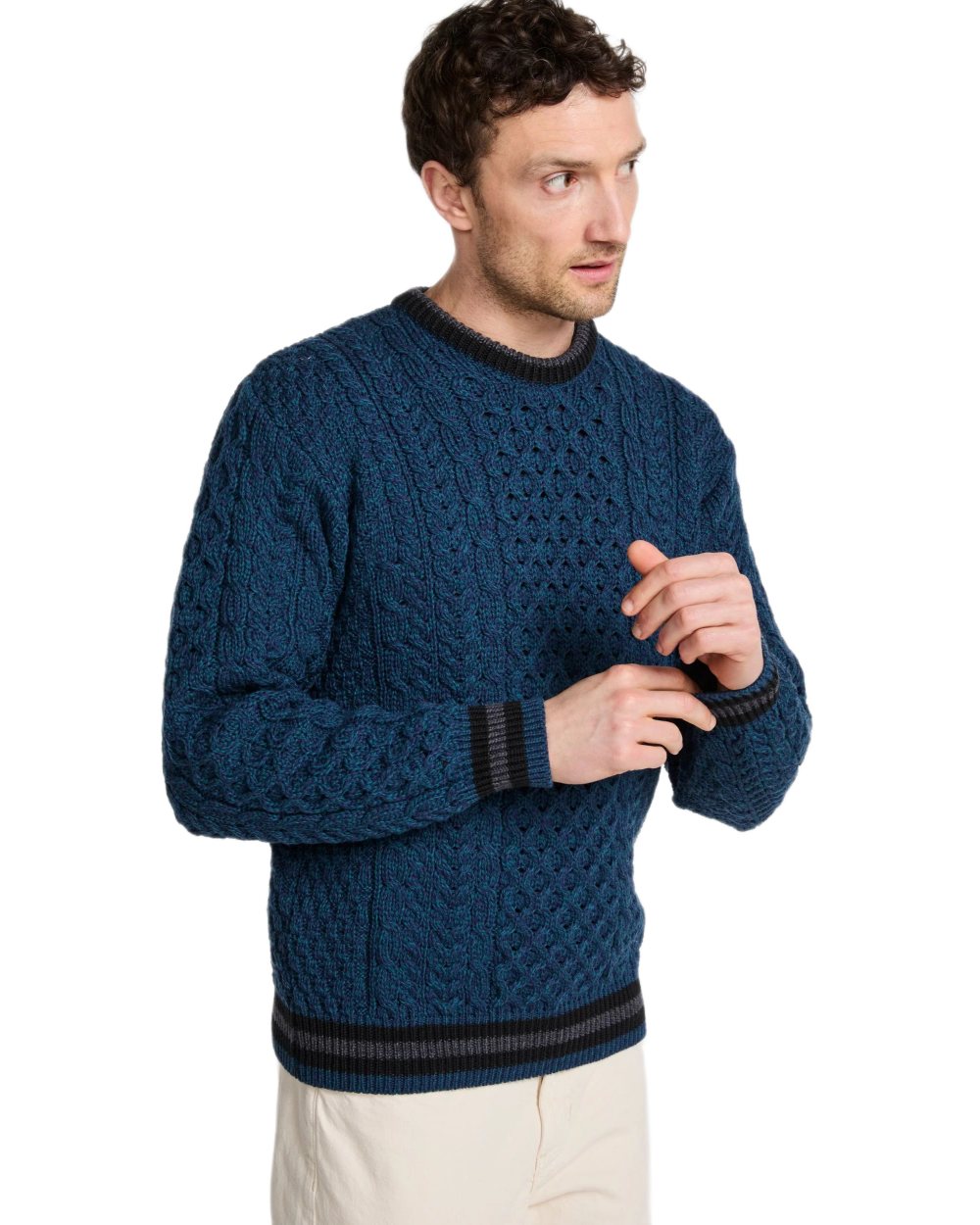 Teal Coloured Aran Mens Inishbeg Stripe Crewneck Merino Sweater on white background