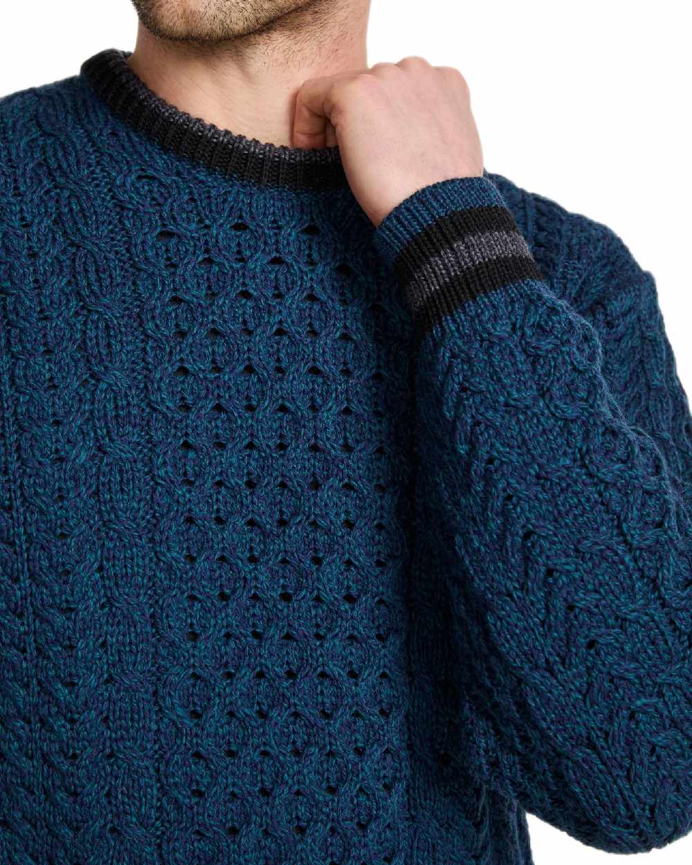 Teal Coloured Aran Mens Inishbeg Stripe Crewneck Merino Sweater on white background