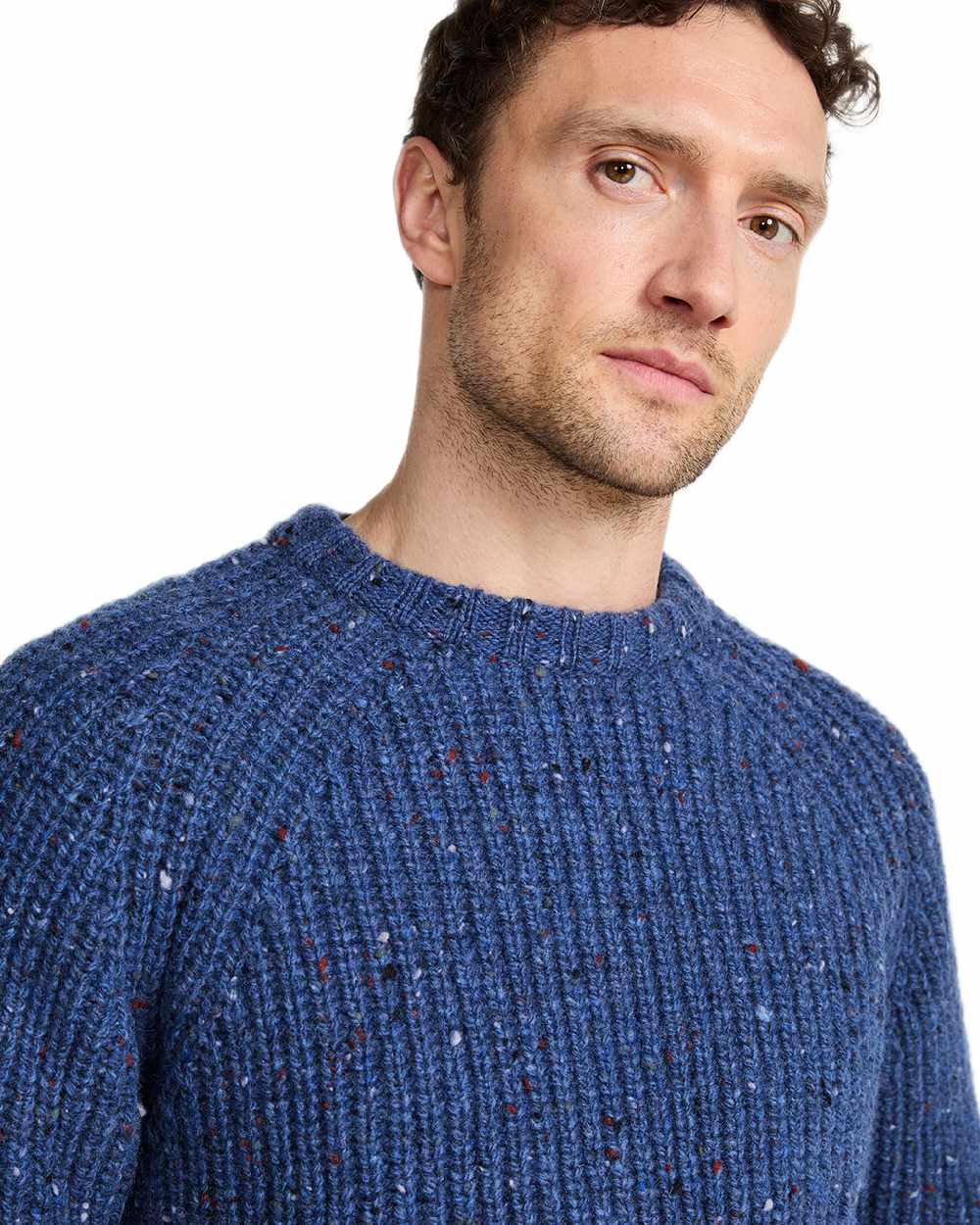 Denim Coloured Aran Mens Killykeen Fisherman Ribbed Crew on white background