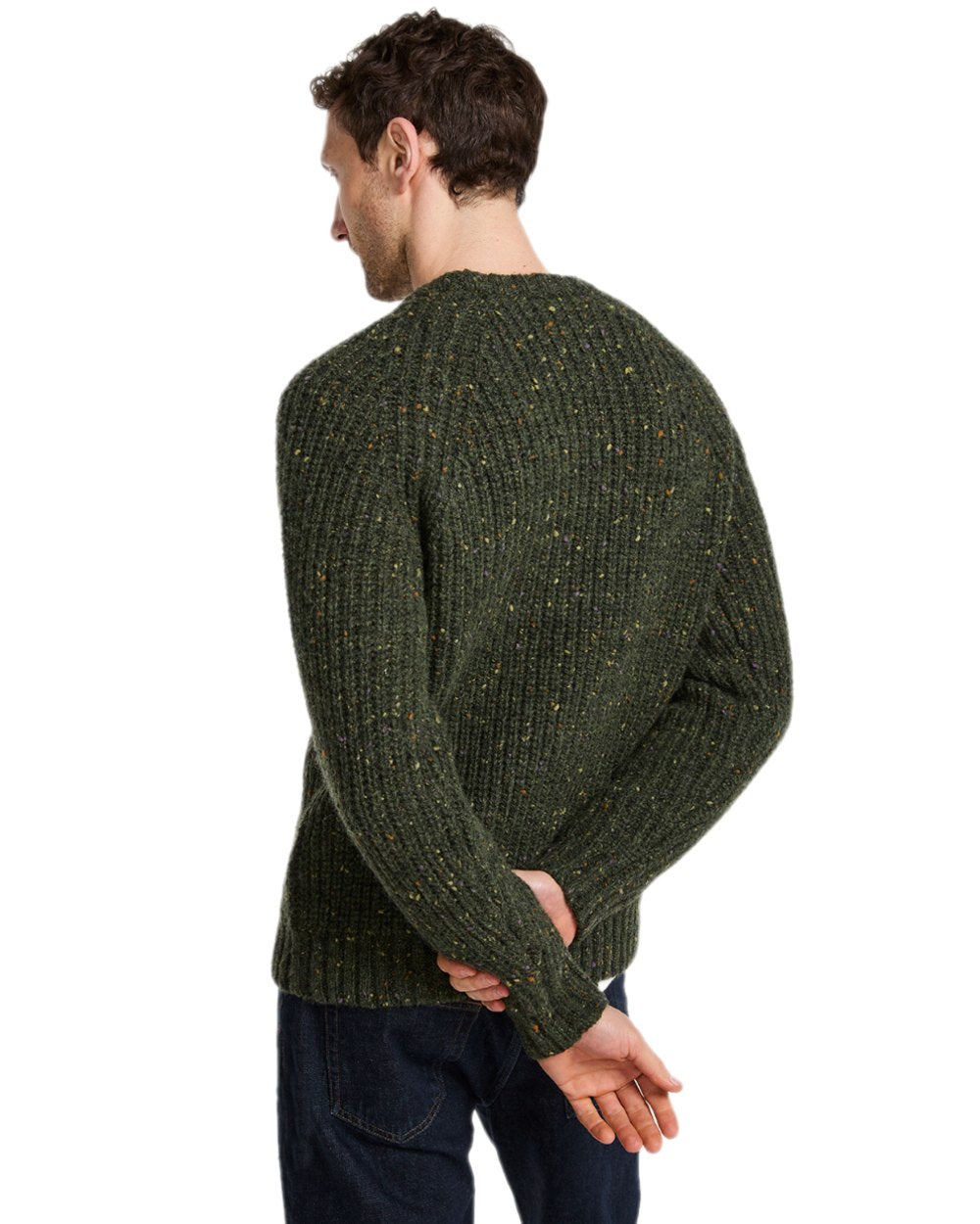 Green Coloured Aran Mens Killykeen Fisherman Ribbed Crew on white background