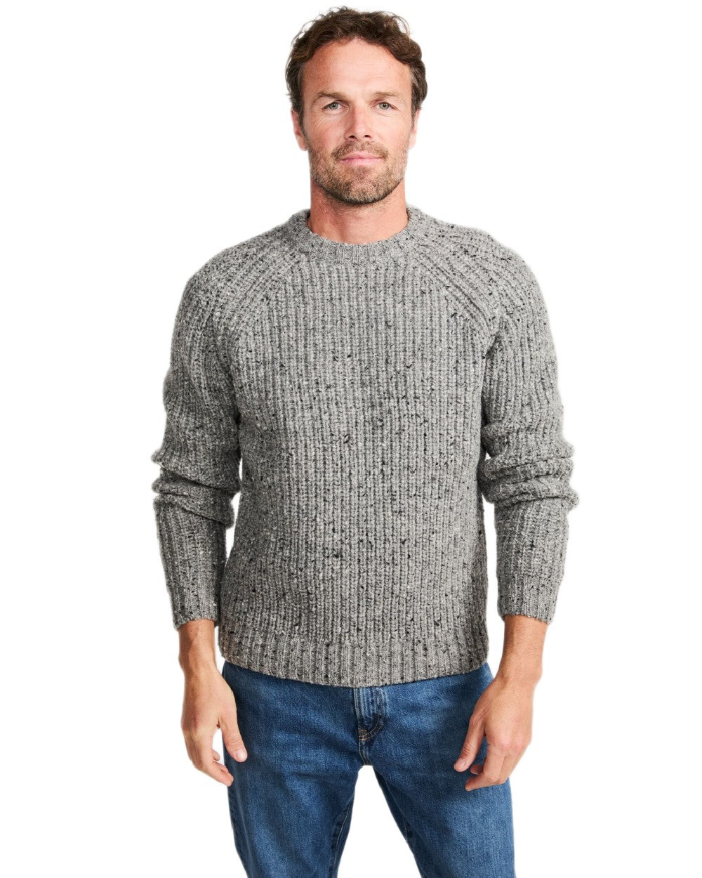 Light Grey Coloured Aran Mens Killykeen Fisherman Ribbed Crew on white background